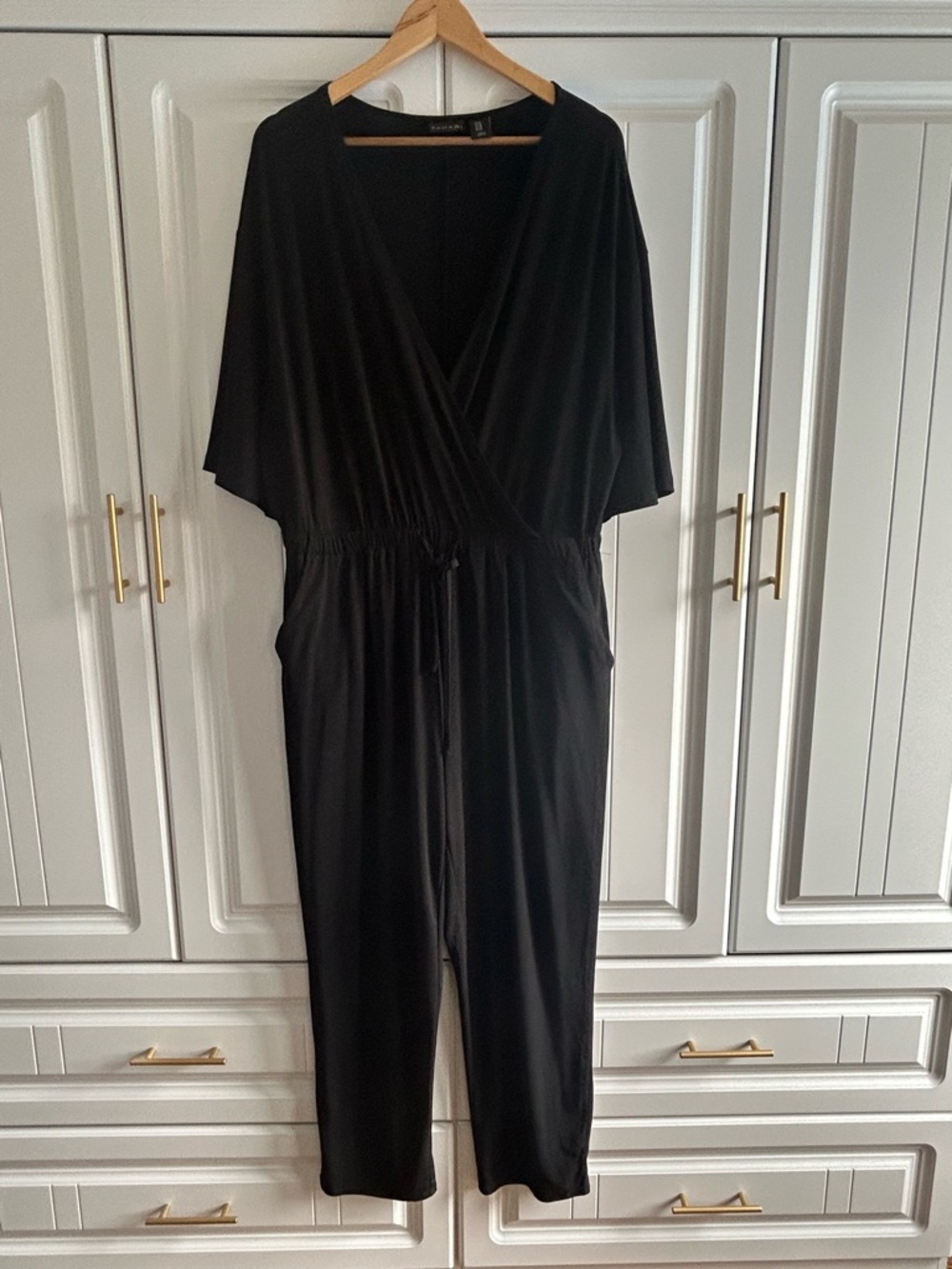 Tahari Black Wrap-Front Jumpsuit with Drawstring Waist